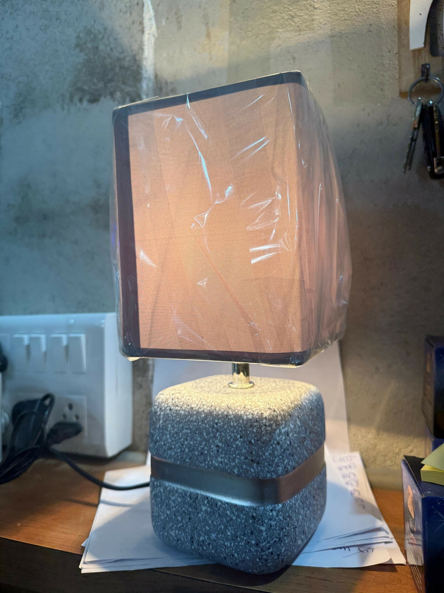 Modern Concrete Textured Table Lamp with Grey Square Fabric Shade & Silver Accent Band | Luxury Minimalist Bedside, Living Room & Study Night Lamp | Soft Ambient Lighting Home DÃ©cor Piece