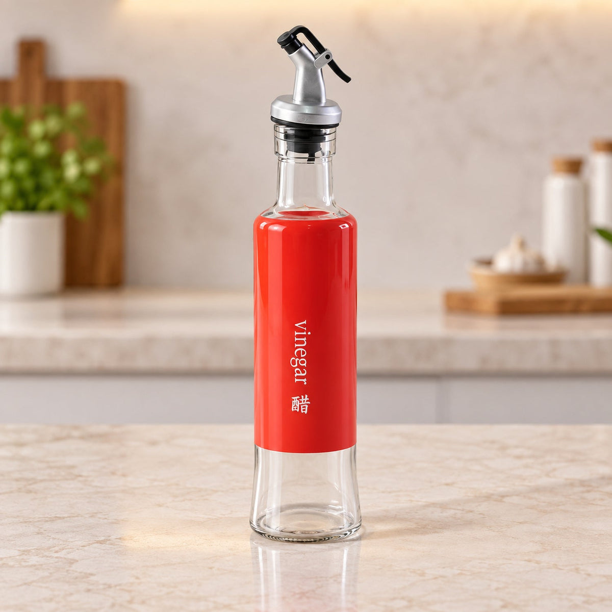A clear glass bottle with a red label and a silver and black pour spout sits on a light-colored kitchen countertop.