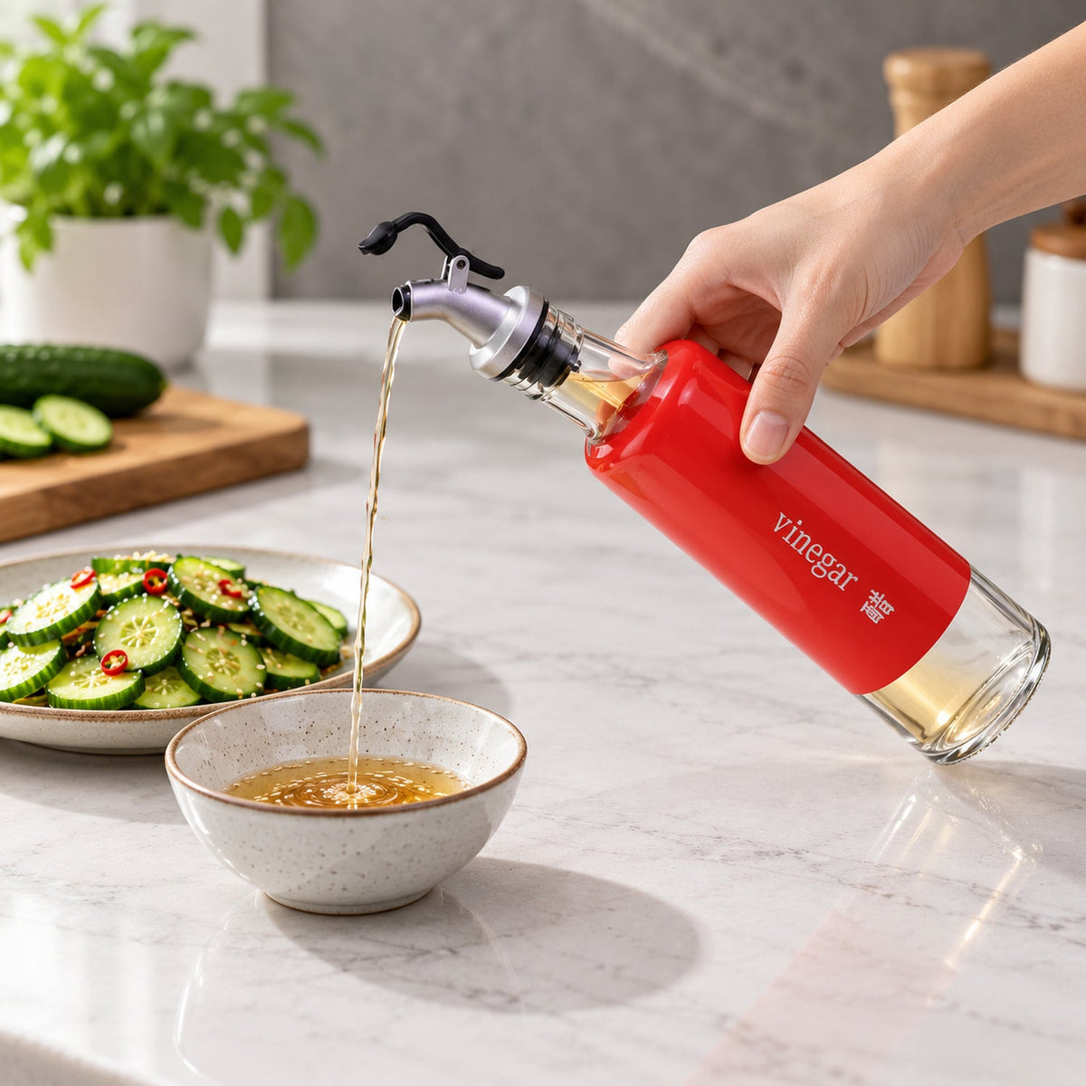 A hand dispenses liquid from a red-banded glass bottle into a small white bowl next to a plate of sliced cucumbers.