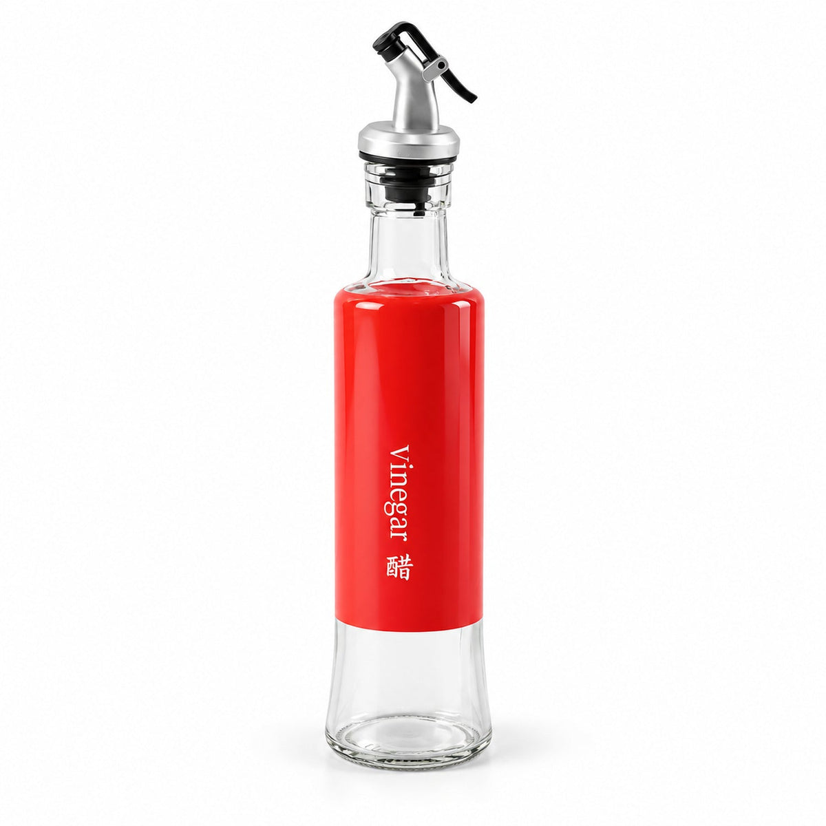 A clear glass bottle with a red sleeve and a silver pour spout stands upright on a plain white background.