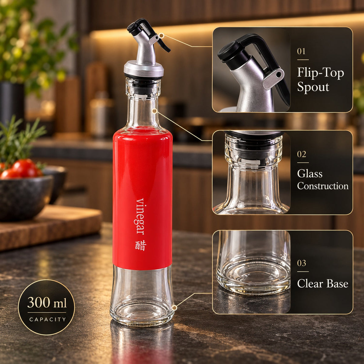 A tall glass bottle with a red sleeve and pour spout stands on a dark counter, with detailed feature callouts.