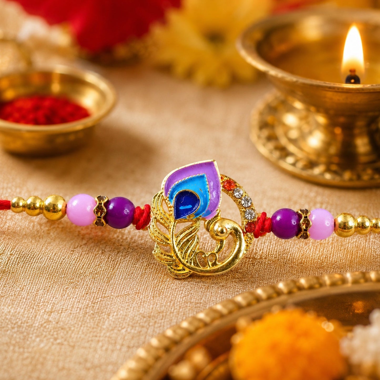 Detailed view of peacock-inspired centerpiece on Rakhi