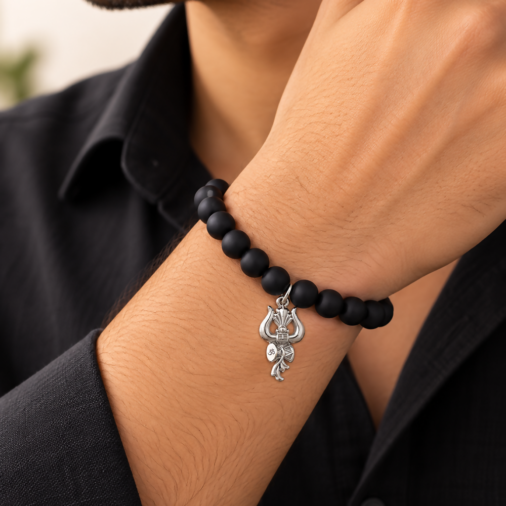 Black Matte Beads Bracelet with Trishul Charm for Mens