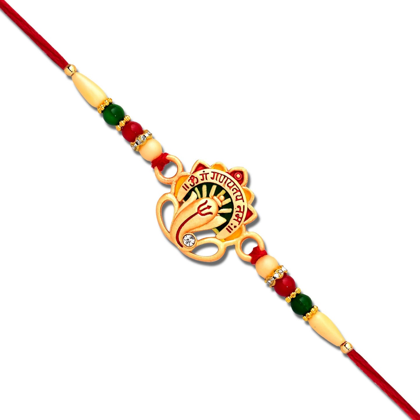 Side profile of the Om Ganesha Rakhi showing elegant and traditional beadwork.