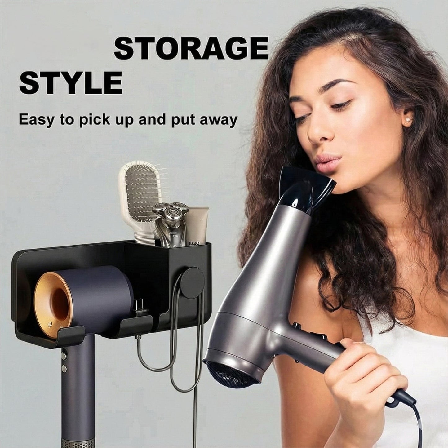 Wall Mounted Hair Dryer Holder with Multipurpose Organizer Shelf and Hook