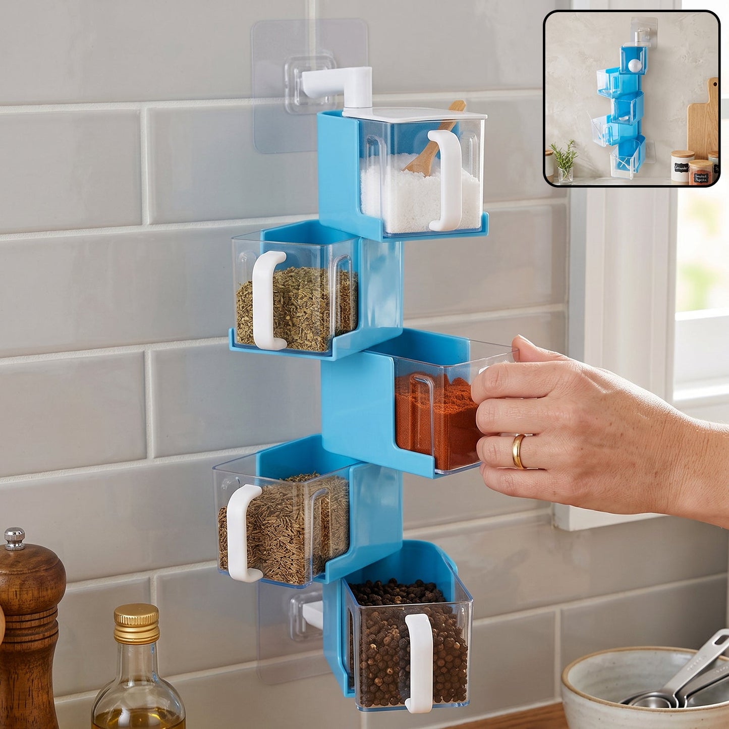 Plastic rotating seasoning box 5 layer wall mounted spice rack