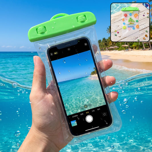 Person holding a transparent waterproof mobile pouch with lock, showing its clear design and secure closure.