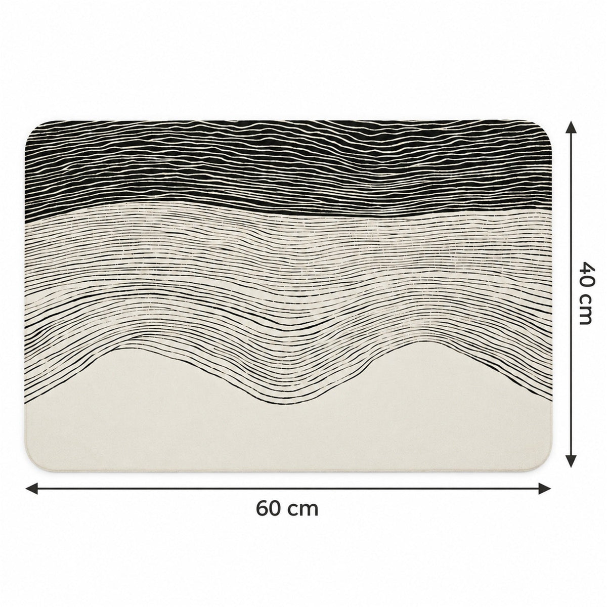 A rectangular mat with a black and white wavy pattern is shown with dimensions of 60 cm by 40 cm.