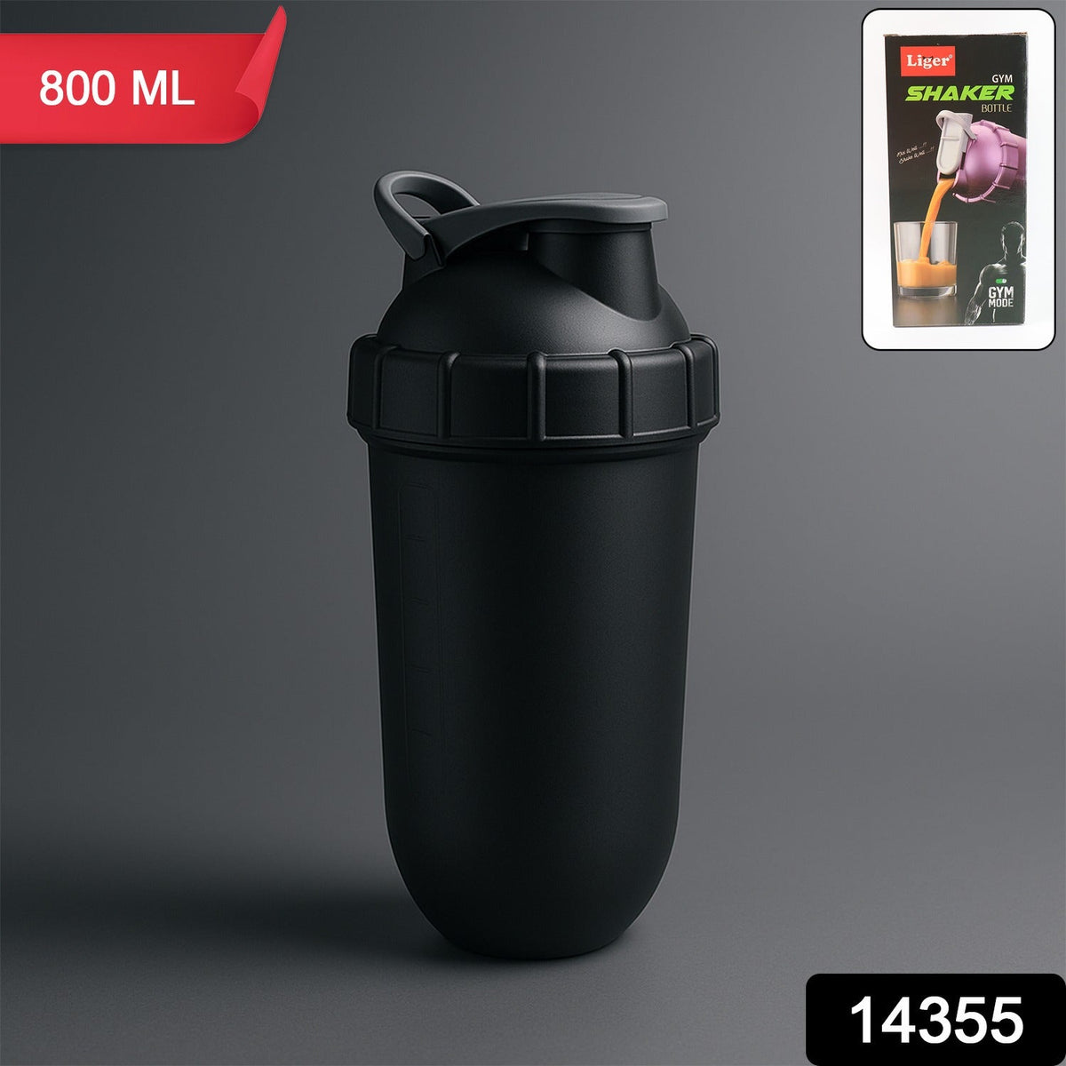 A black shaker bottle with a grey lid stands next to its retail box, with an 800 ML label.