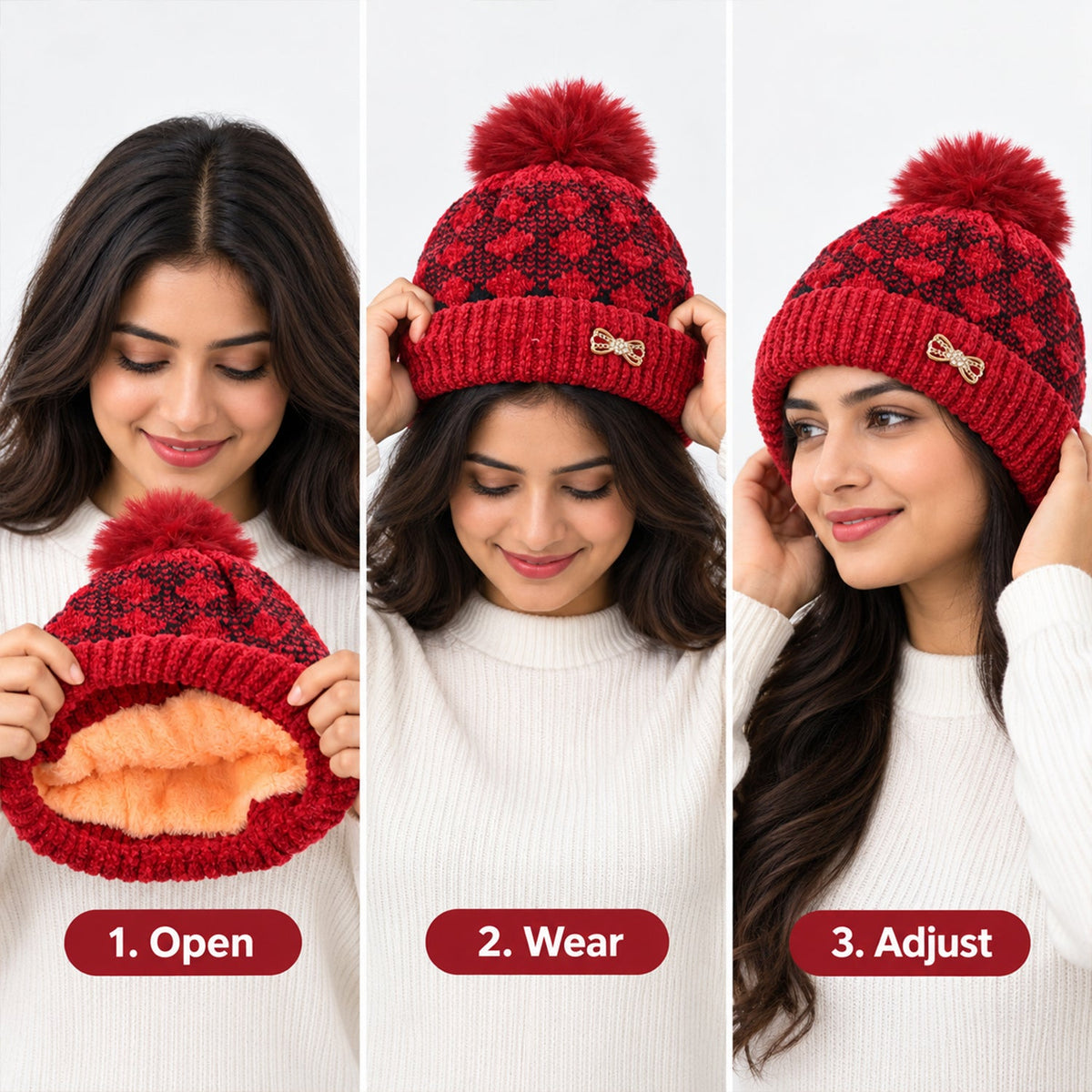 Soft Warm Knitted Winter Beanie Caps with Pom Pom and Inner Lining (1 Pc)