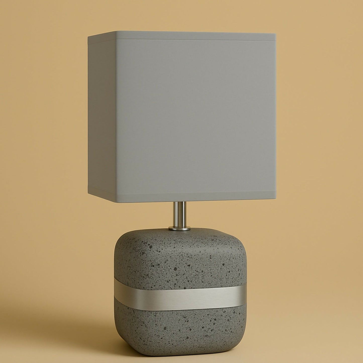 Modern Concrete Textured Table Lamp with Grey Square Fabric Shade & Silver Accent Band | Luxury Minimalist Bedside, Living Room & Study Night Lamp | Soft Ambient Lighting Home DÃ©cor Piece