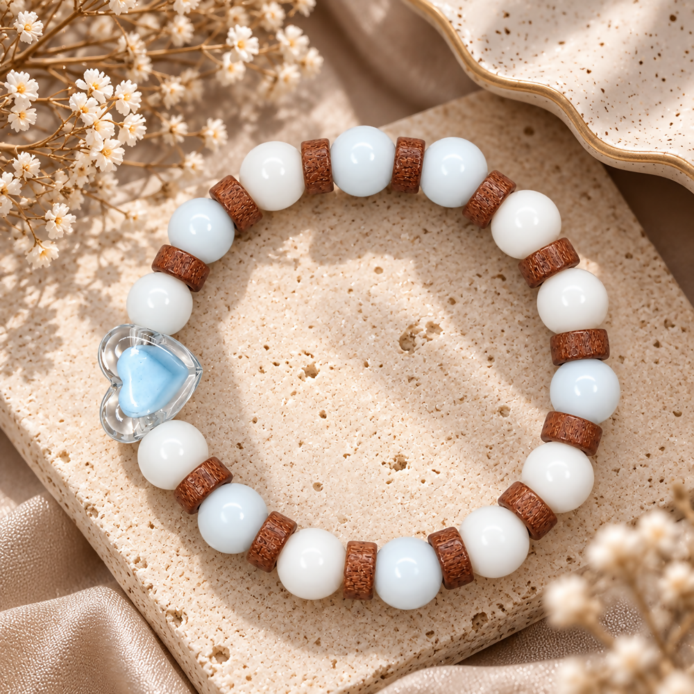 Heart Charm Bracelet with White Beads and Rustic Brown Spacer Details