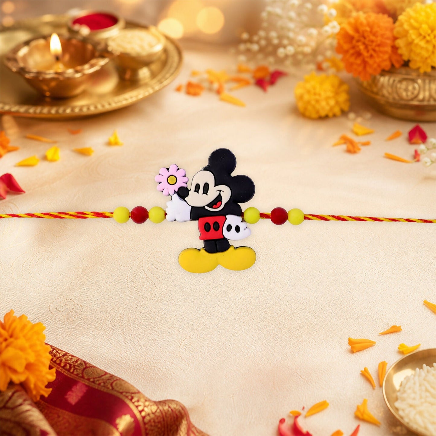Close-up of the cute cartoon mouse Kids Rakhi with colorful beads.