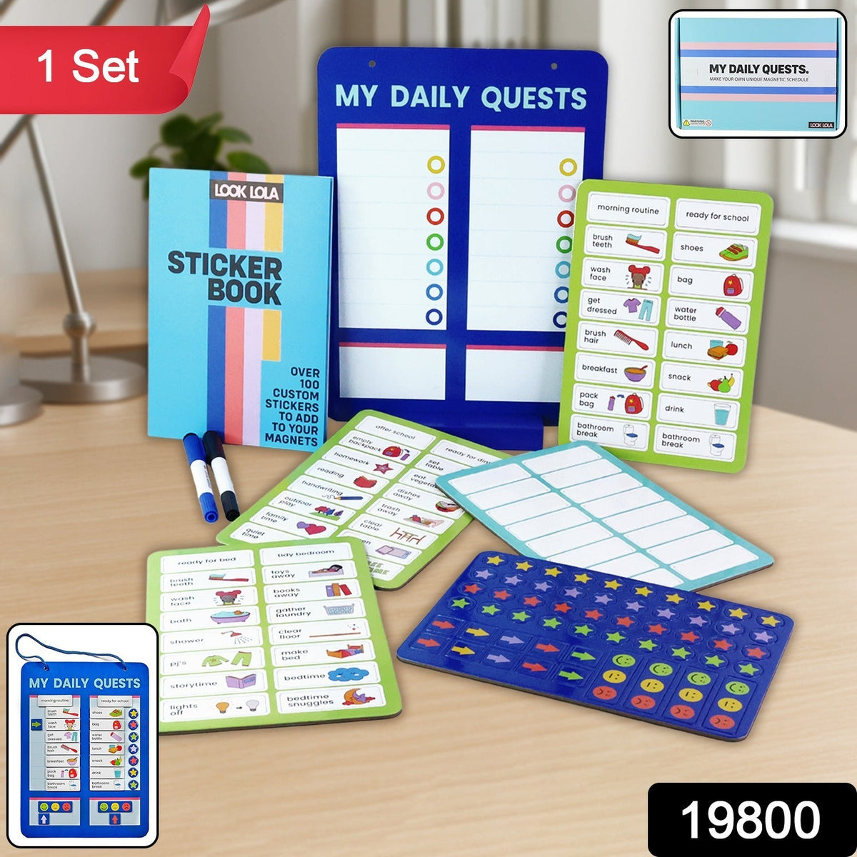 A blue magnetic daily quests board with various green and blue magnetic task cards and a sticker book on a wooden desk, with