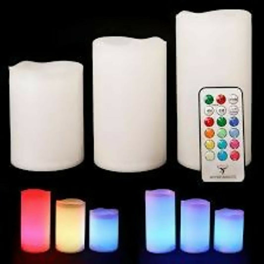 Premium Multi-Color Changing LED Flameless Candles with Remote Control â€“ Set of 3 Battery Operated Pillar Candles with 12 Color Modes, Timer Function & Realistic Glow â€“ Home DÃ©cor, Parties, Festivals & Gifting