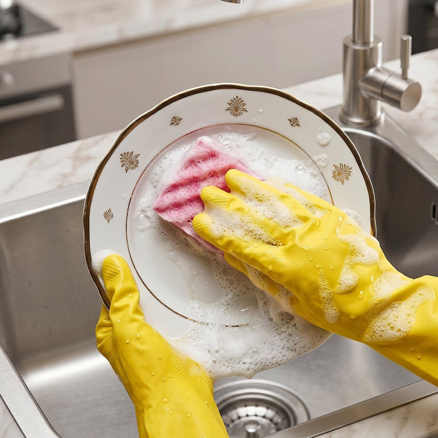 Yellow gloves kitchen cleaning