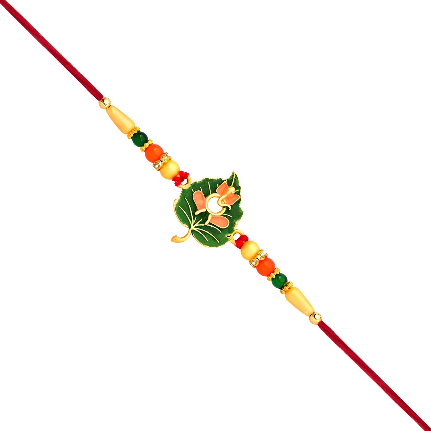 Detailed view of orange enamel flower on rakhi