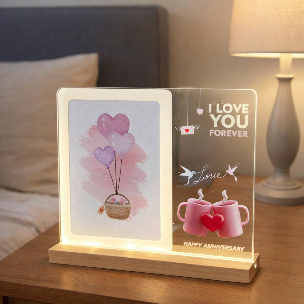 Happy Anniversary LED Acrylic Message Lamp with Wooden Base | Decorative Table Light