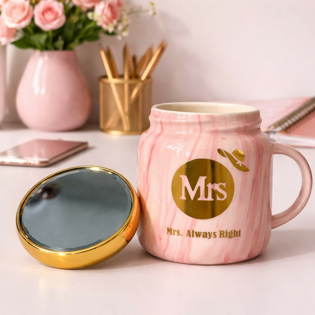 Mrs Printed Ceramic Mug with Lid, Gift Coffee Cup for Women