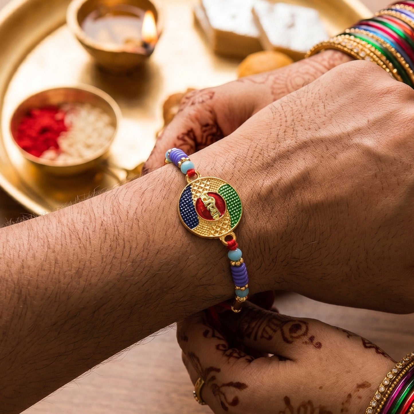 Close-up of decorative centerpiece on Rakhi
