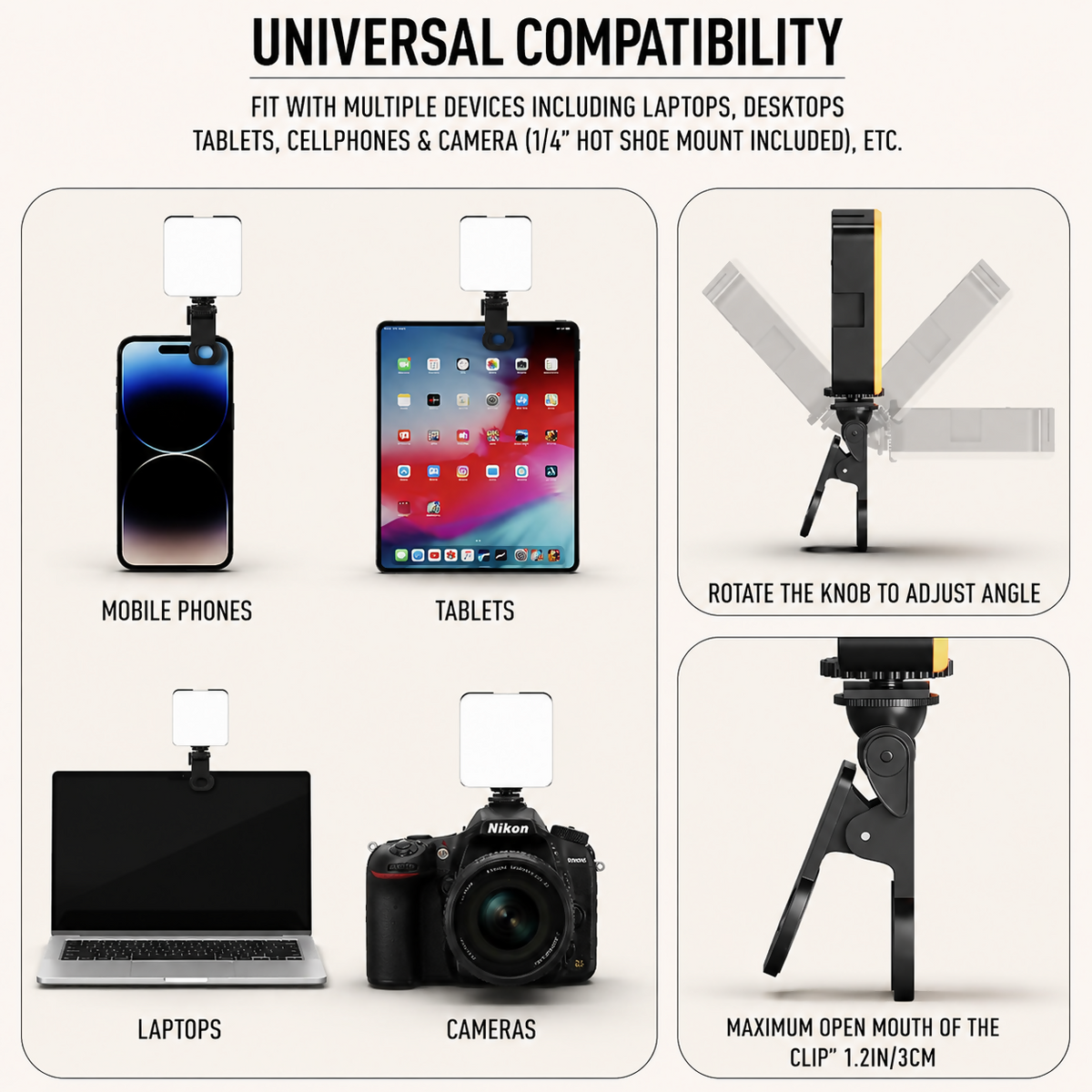 Various devices including a phone, tablet, laptop, and camera, all with the small LED light attached.
