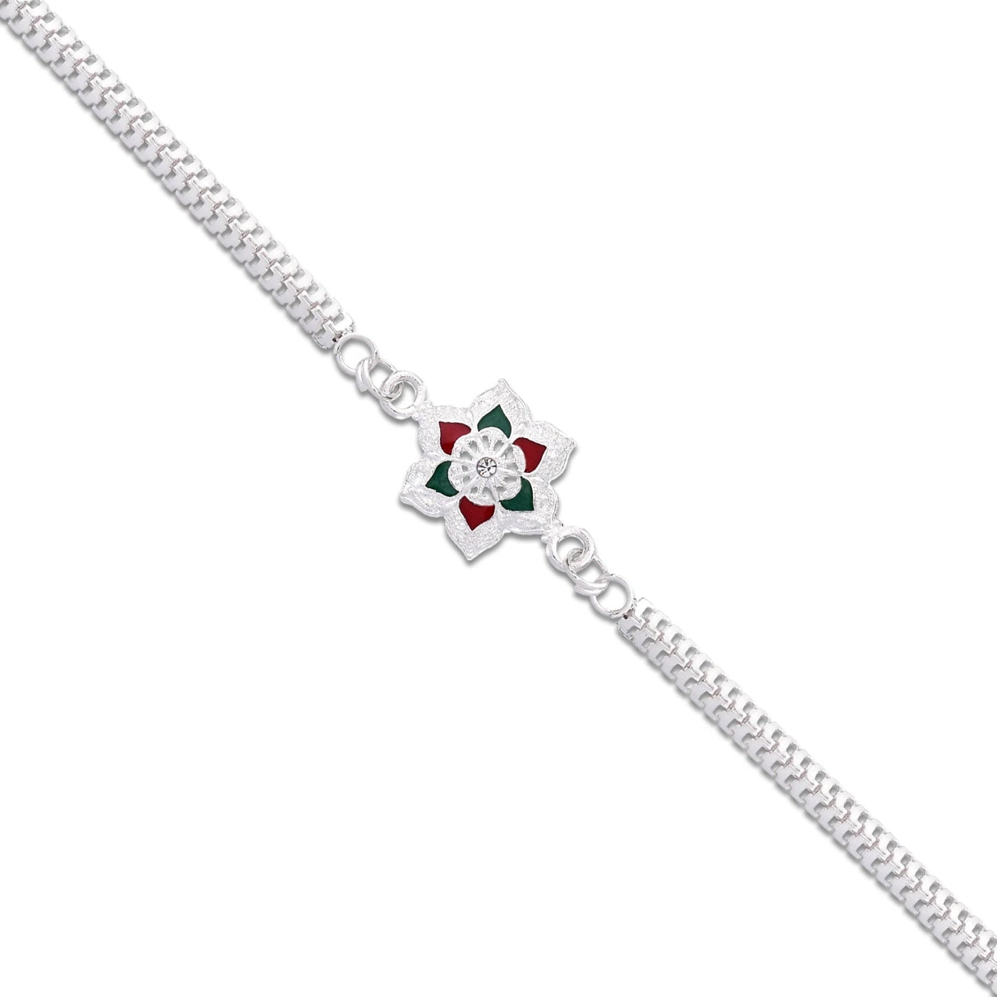 Detailed view of the red and green enamel on the Silver Flower Rakhi bracelet