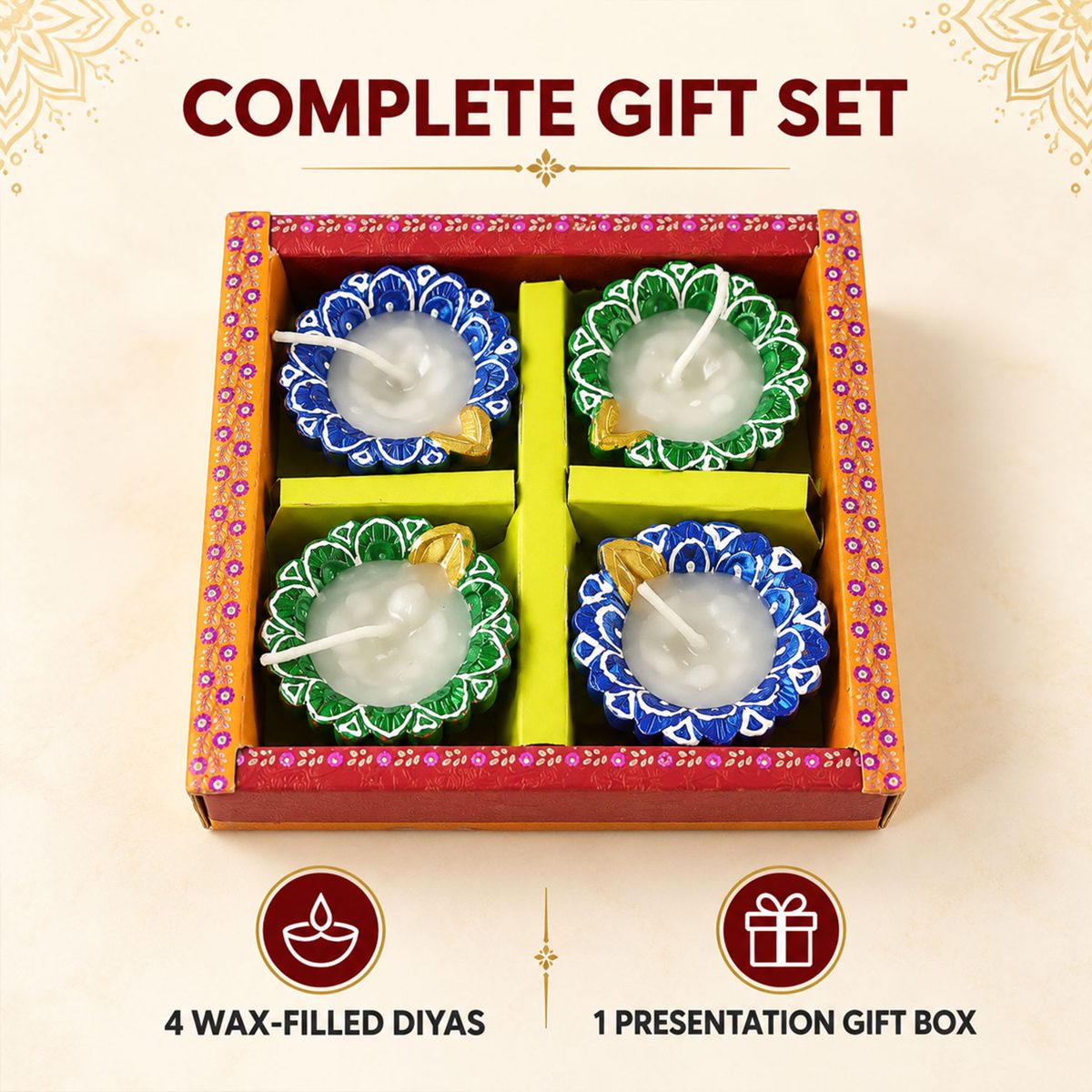 Decorative Flower-Shaped Clay Wax Diyas in Blue & Green (4 Pc)