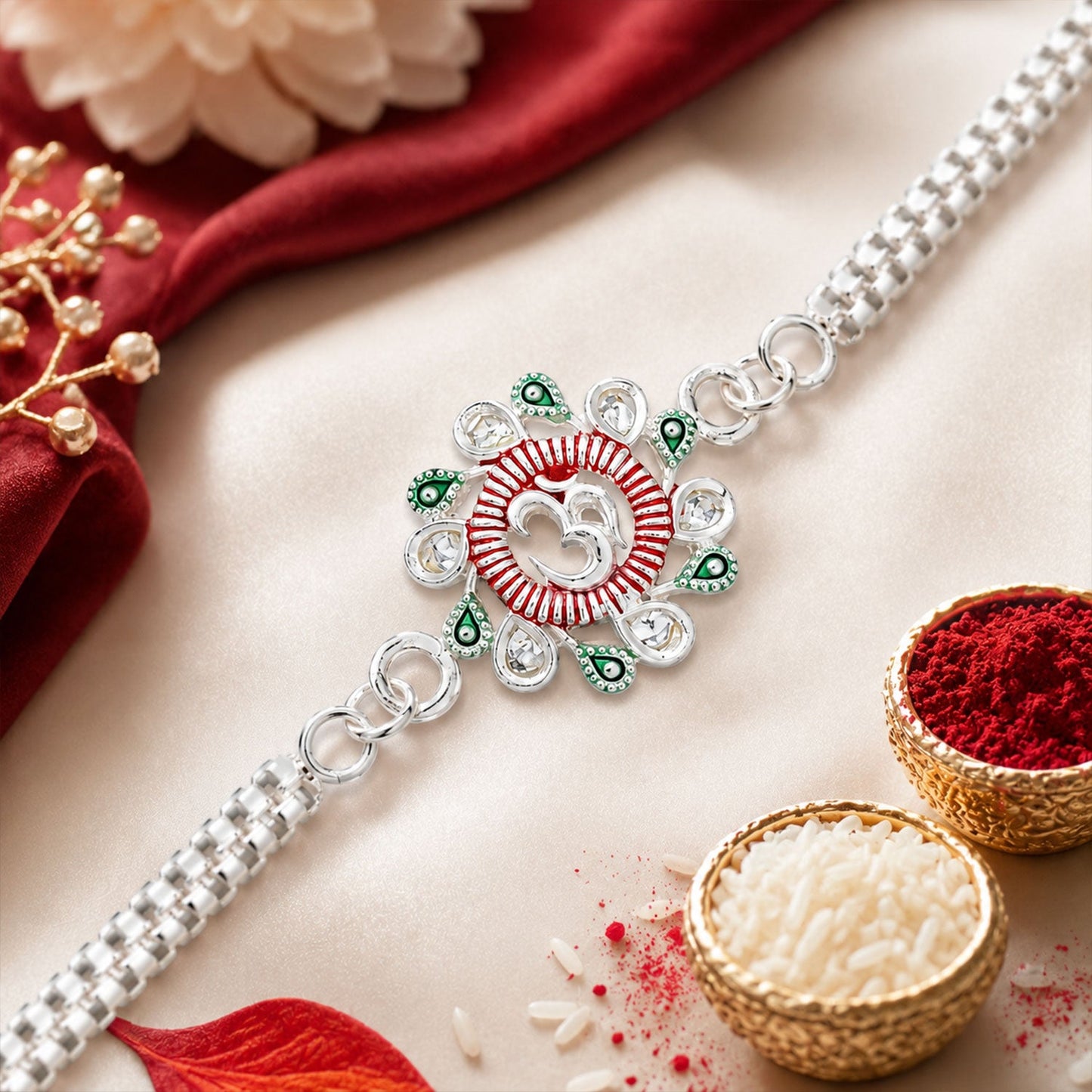 A brother's hand wearing the vibrant Floral Om Rakhi during Raksha Bandhan festivities.