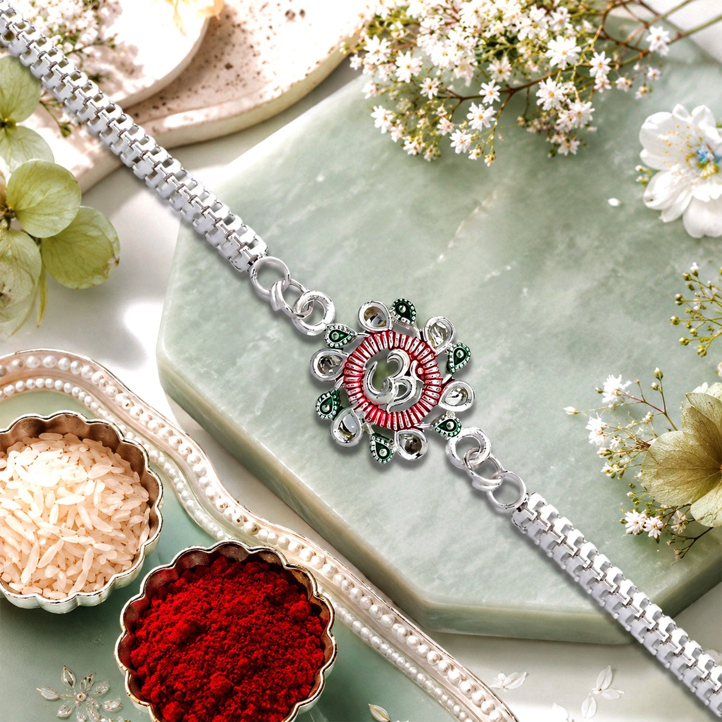 The Floral Om Rakhi displayed on a rustic wooden surface, highlighting its traditional design.