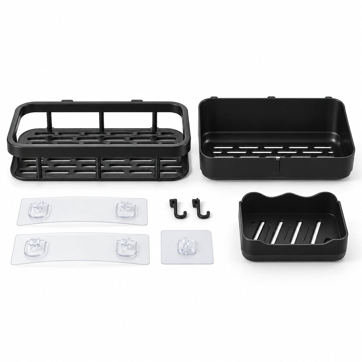 Two black plastic shower caddies, a soap dish, four adhesive strips, and two hooks are arranged on a white surface.