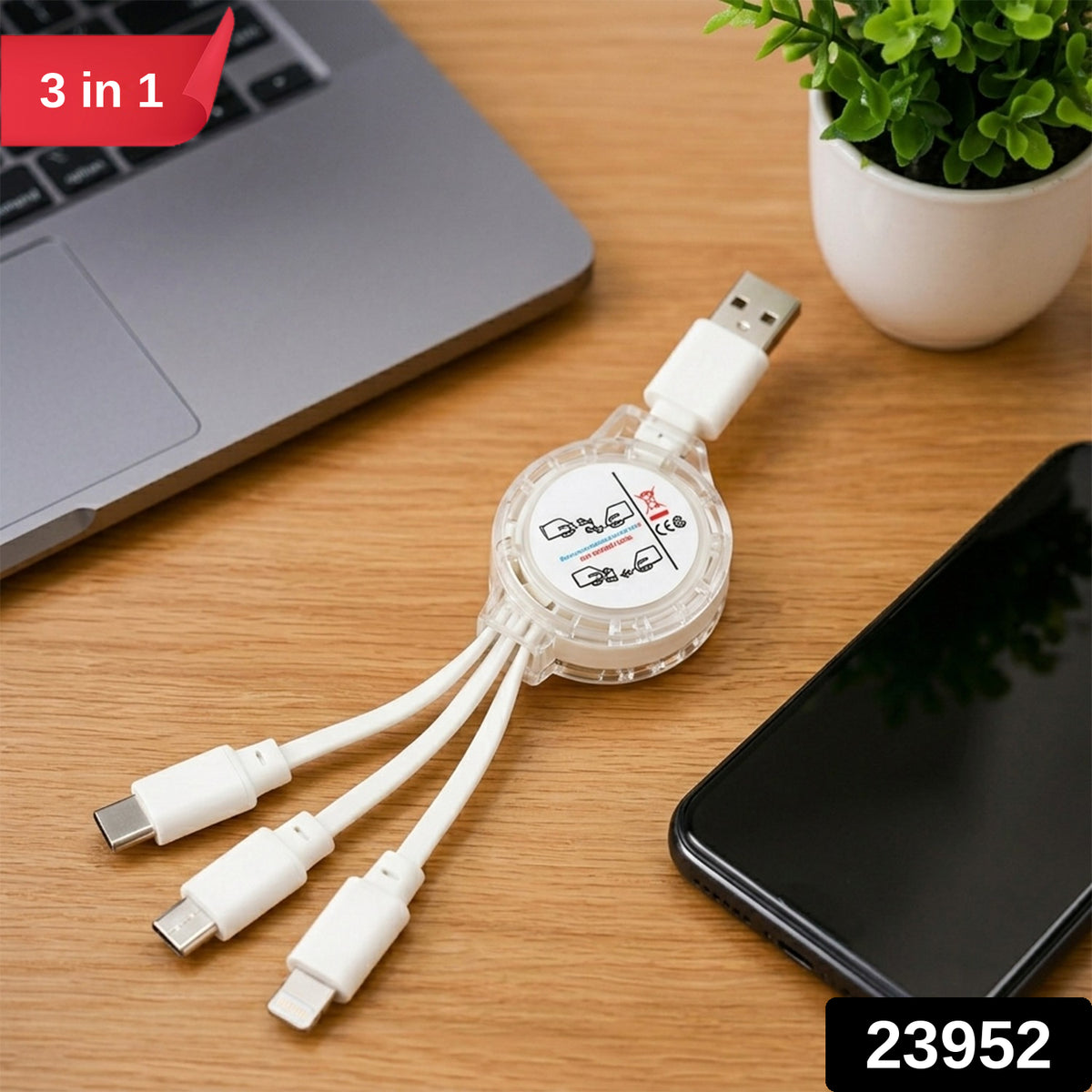 Retractable USB Charging Cable with Type C, Micro USB & Lightning (3 in 1)
