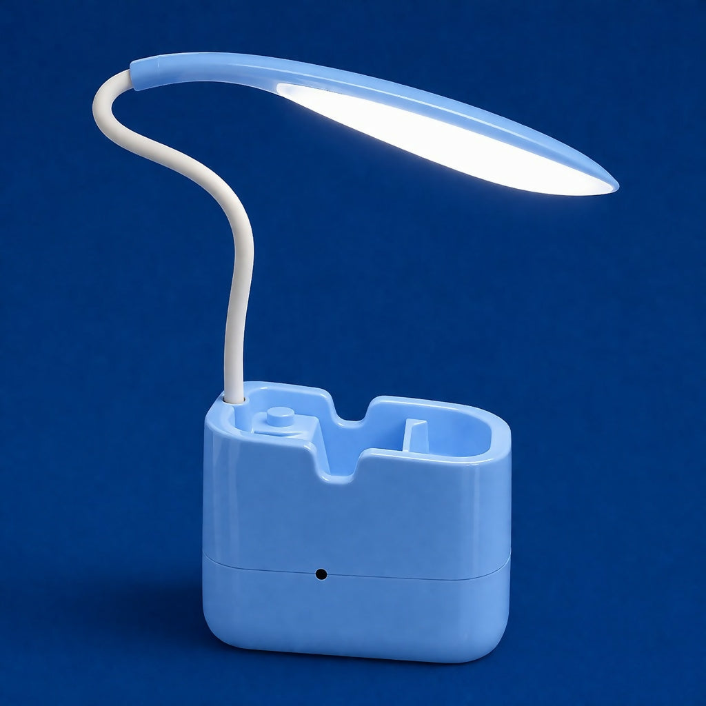 Blue LED Desk Lamp with Mobile Stand & Pen Holder, Flexible Study Light