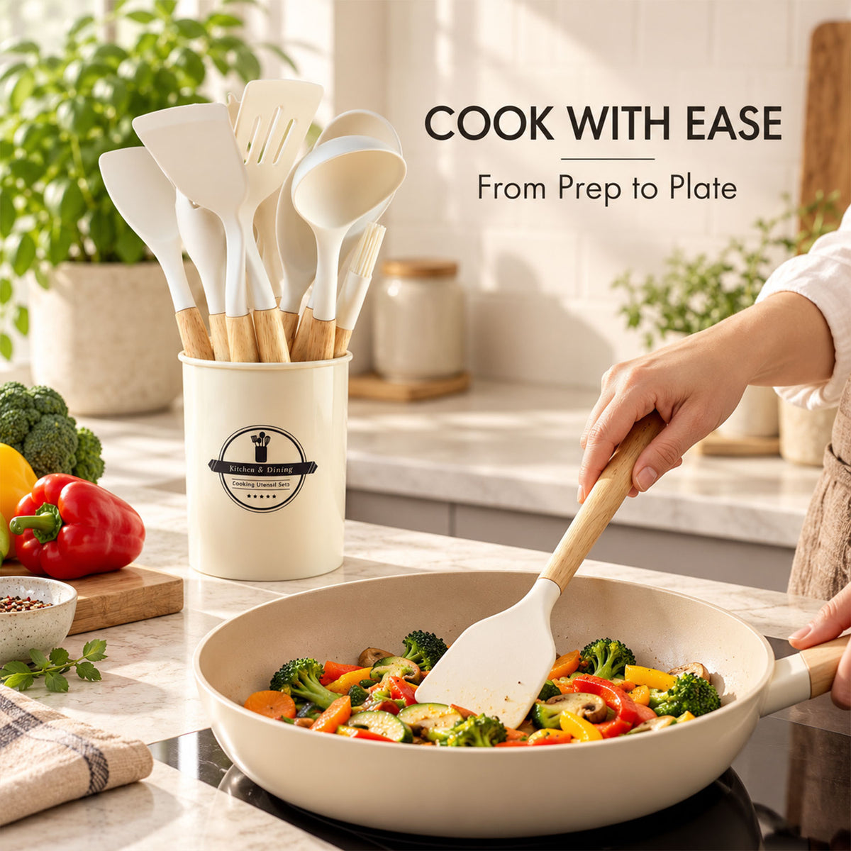 Silicone Kitchen Utensil Set with Wooden Handles and Storage Holder (12 Pc)