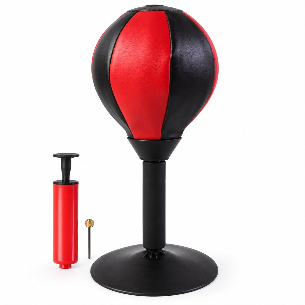 A red and black desktop punching ball with a black base, standing next to a red hand pump and a small metal needle.