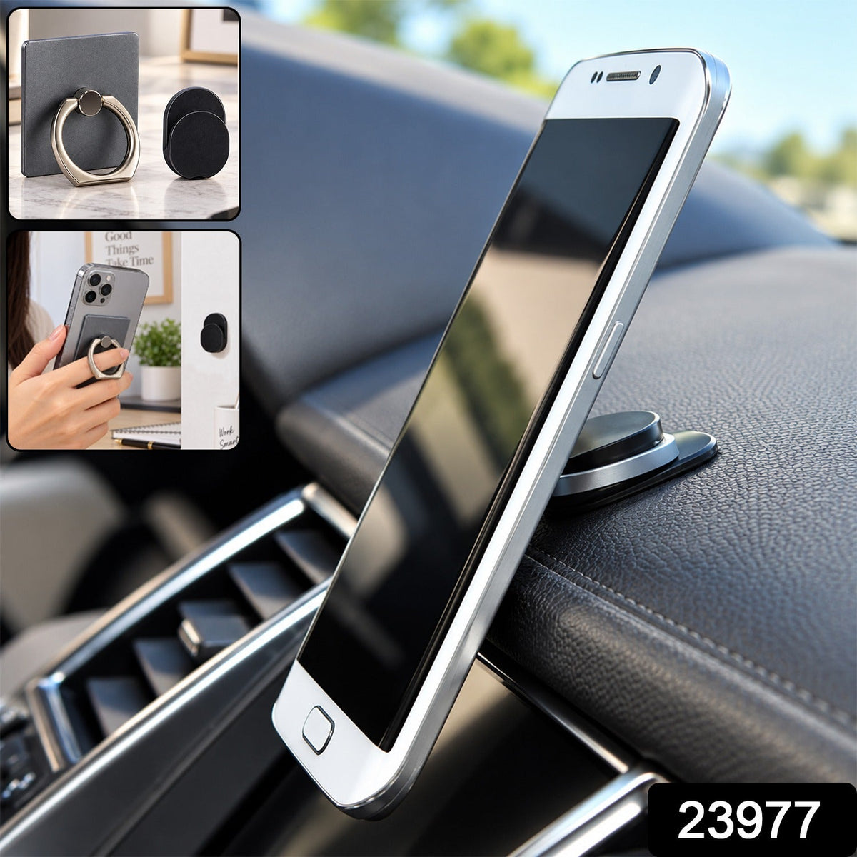 A black smartphone with a silver ring stand is shown from the back, highlighting its rotational and grip features.