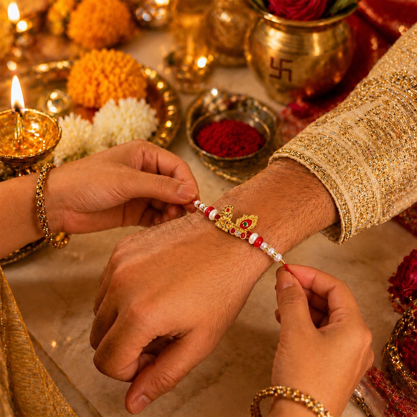 Detailed view of peacock feather motif with red pearls and gold charm on the designer Rakhi.