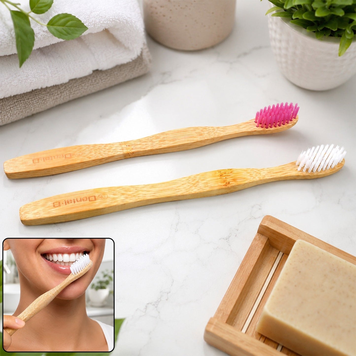 🎁 Bamboo Toothbrush Set – Eco-Friendly Medium Bristles (2 Pack)