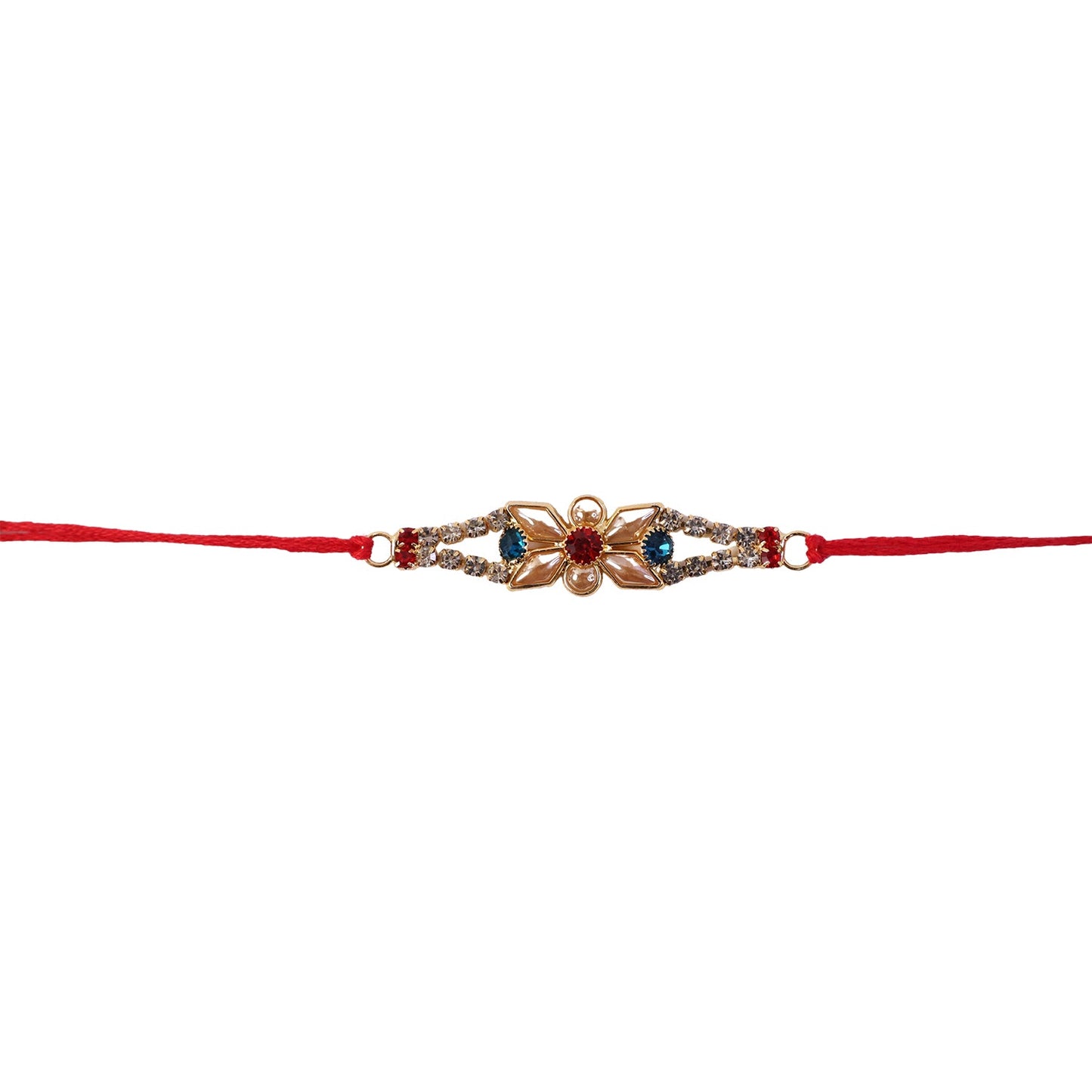 Elegant red-white floral rakhi with decorative elements.