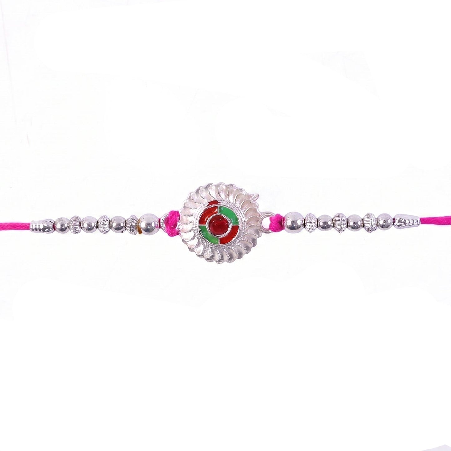 Silver rakhi with red stone center and pink beads close-up