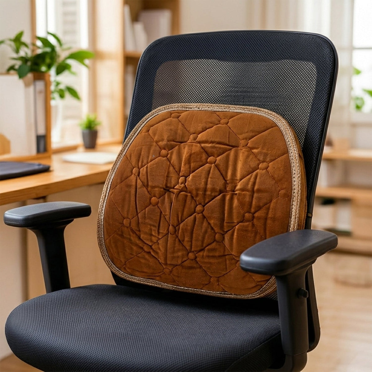 Brown quilted velvet cushion providing lumbar support on a black mesh office chair at a desk.