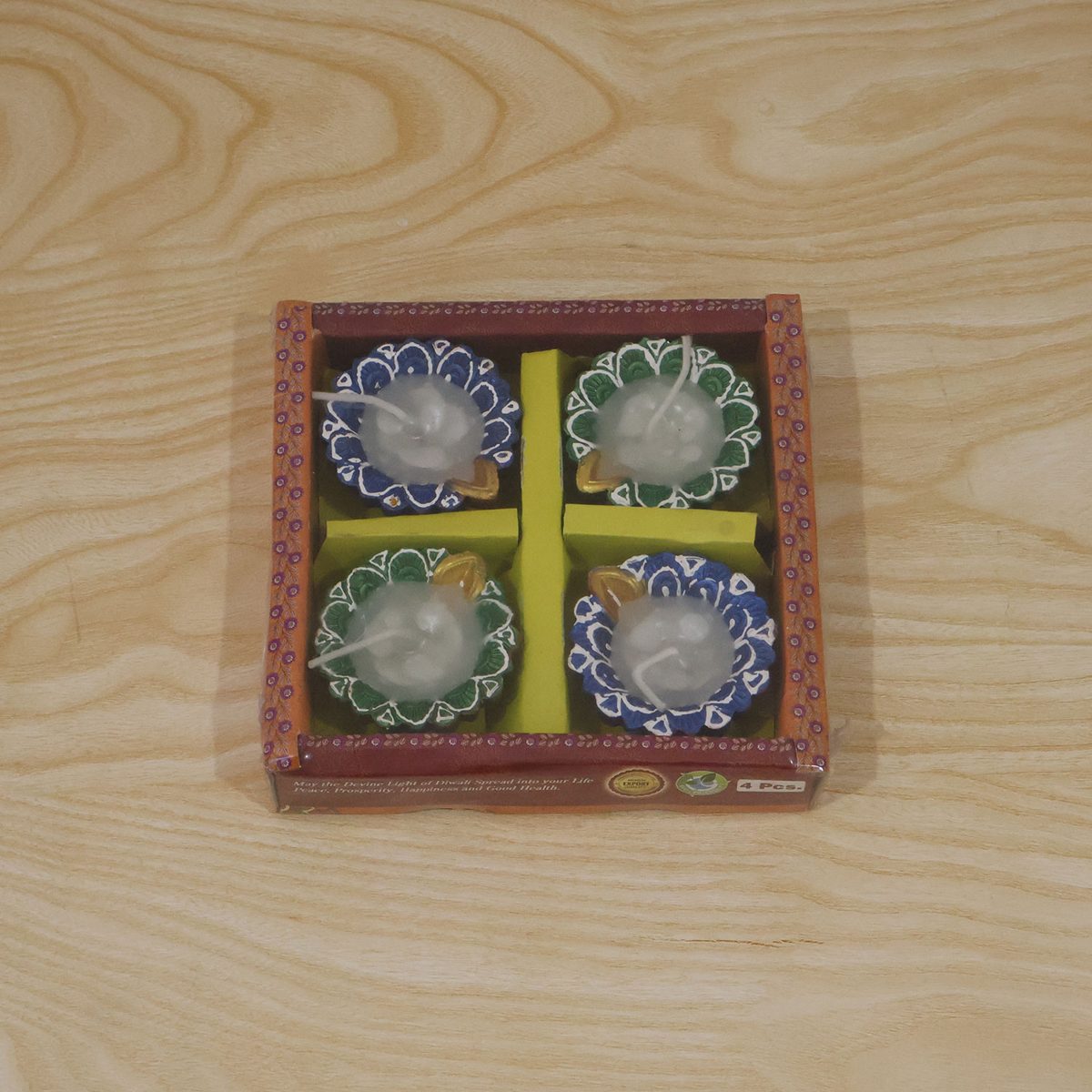 Decorative Flower-Shaped Clay Wax Diyas in Blue & Green (4 Pc)