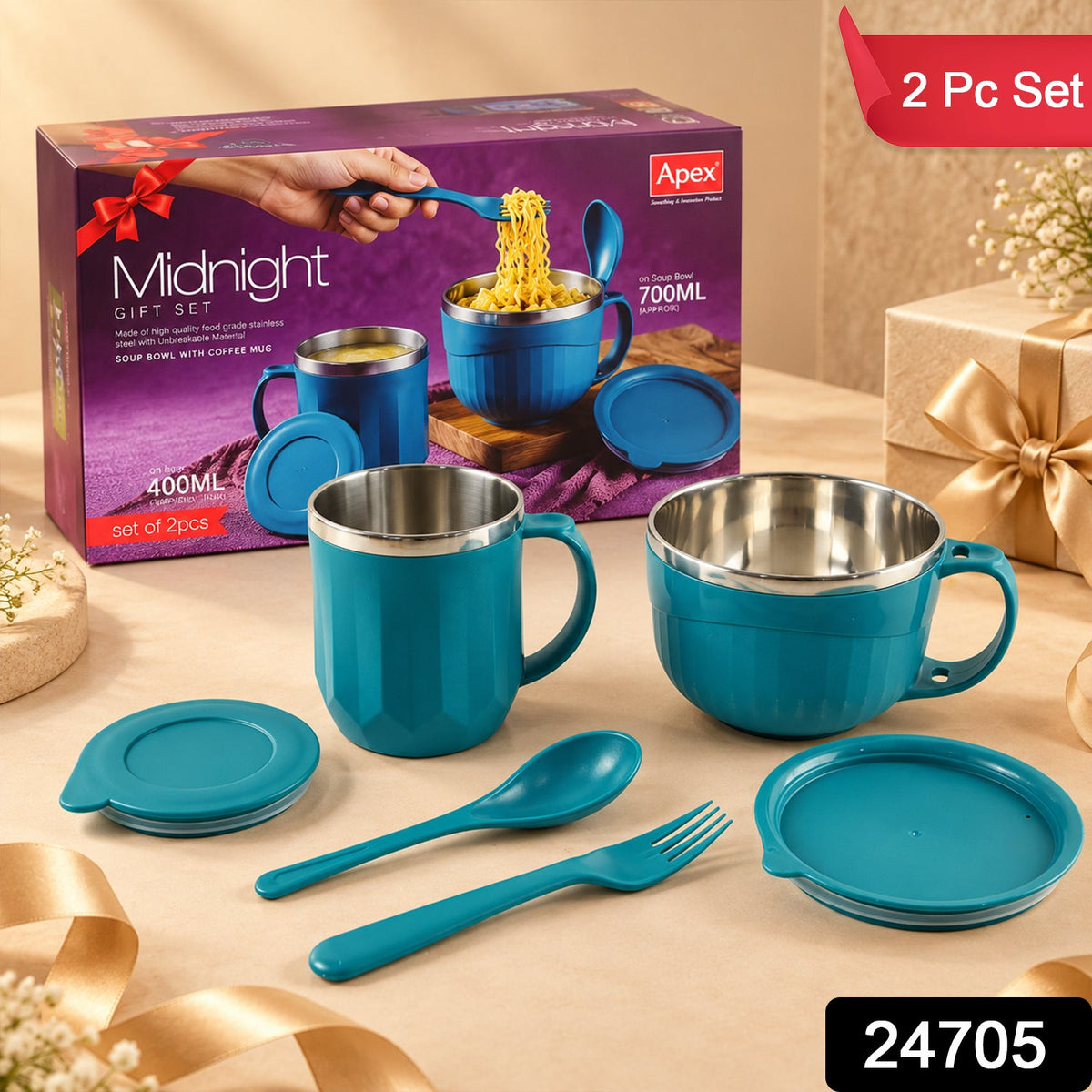 Apex Midnight Gift Set with 400ml Mug, 700ml Soup Bowl, Lids, Spoon and Fork