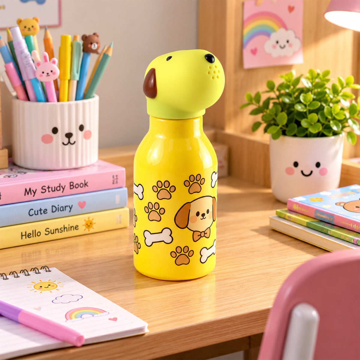 Kids Animal Water Bottle with 3D Character Cap and Printed Design (1 Pc, Mix Design)