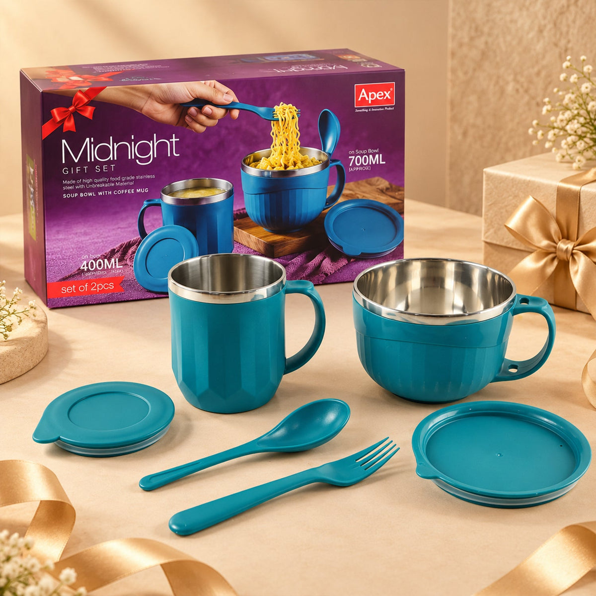 Apex Midnight Gift Set with 400ml Mug, 700ml Soup Bowl, Lids, Spoon and Fork