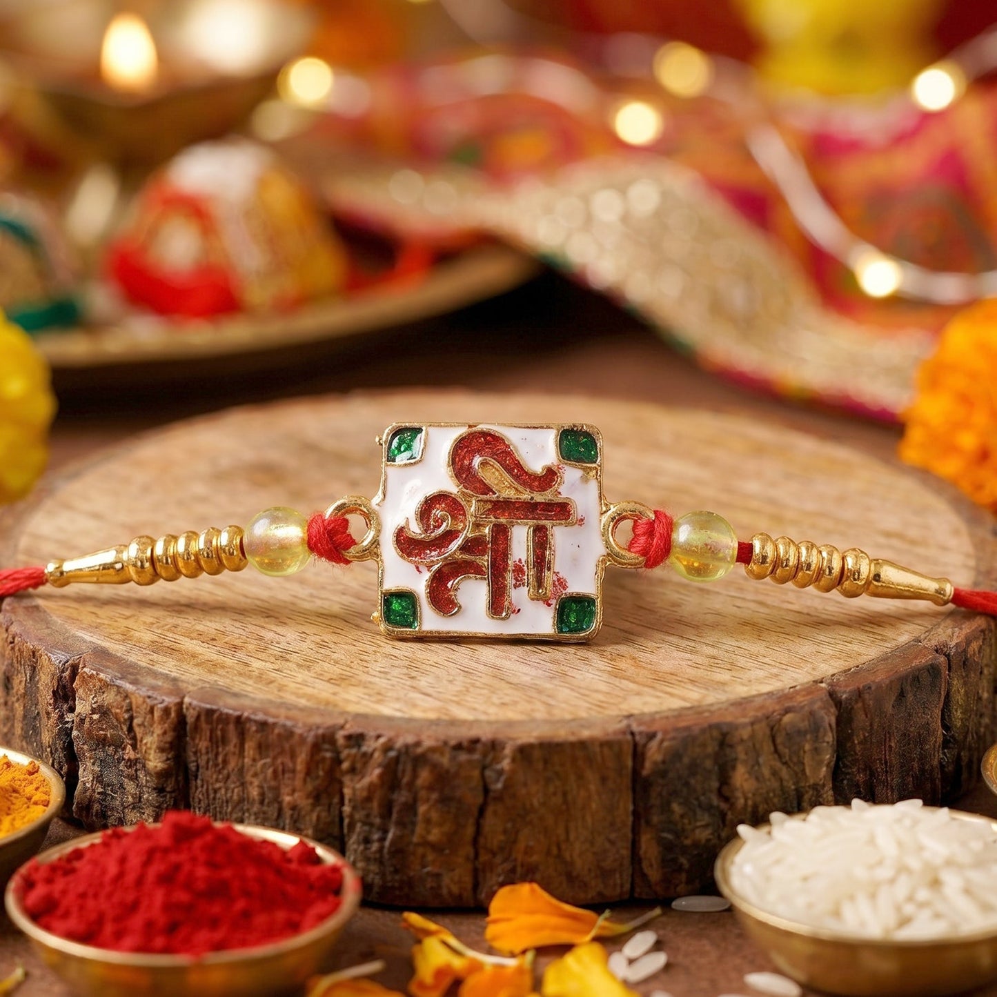 Close-up of decorative beads on the Shree Symbol Rakhi
