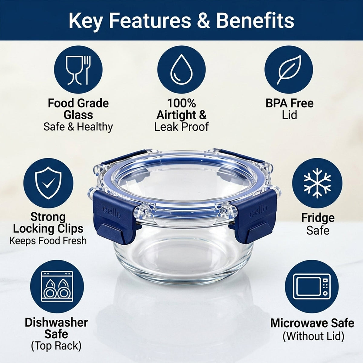 Cello 240ml Round Glass Food Storage Container with Smart Lock Lid (1 Pc)