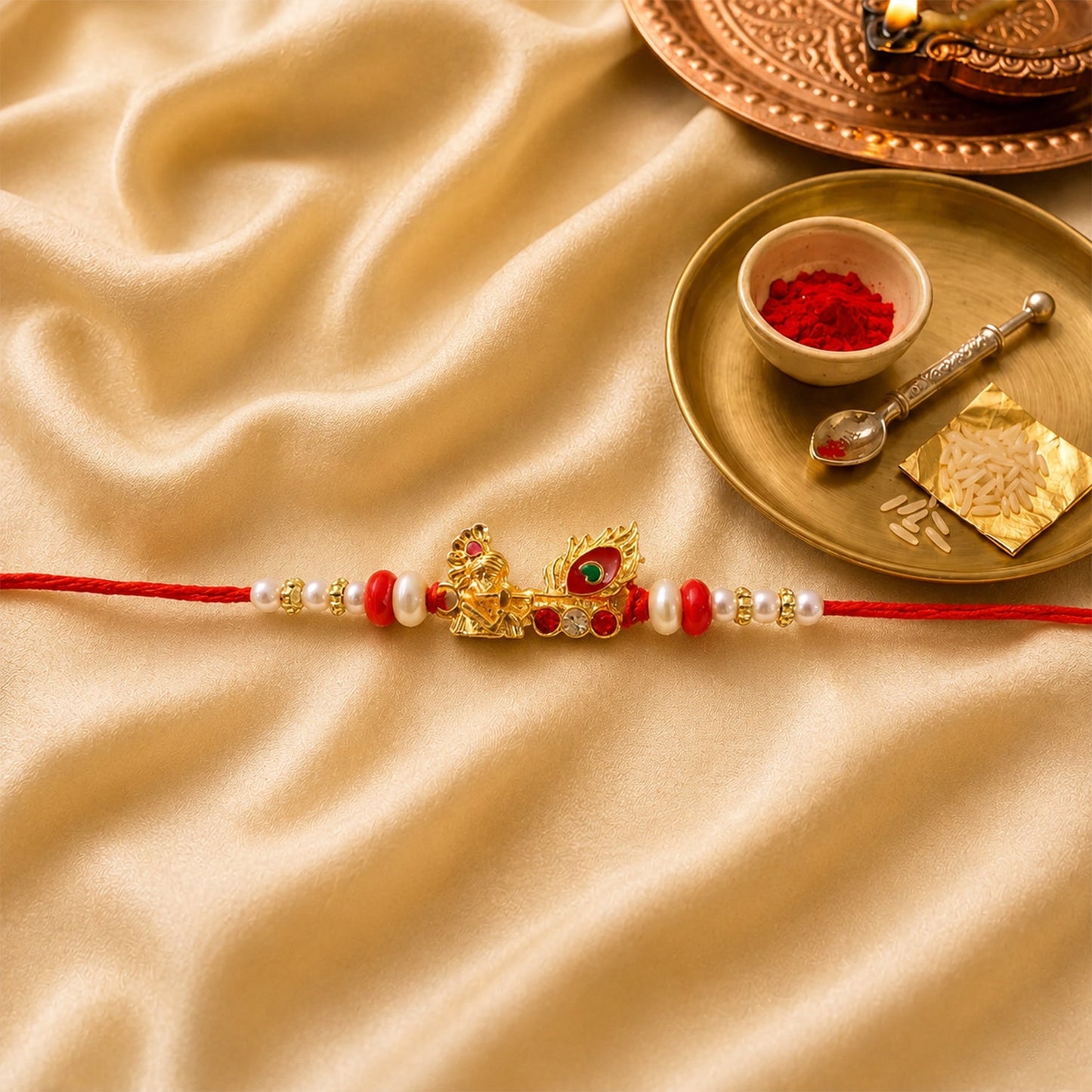Elegant Krishna Mor Pankh Rakhi with peacock feather, red pearls, and gold charm for Raksha Bandhan.