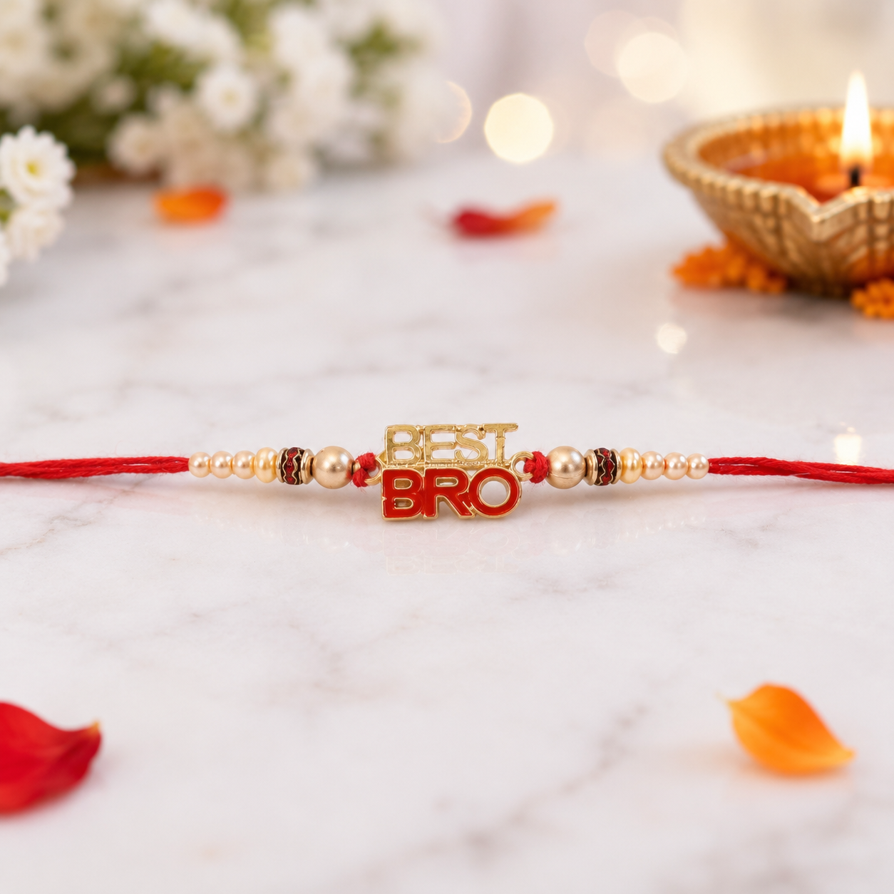 Traditional yet modern rakhi with bead embellishments and neat finishing