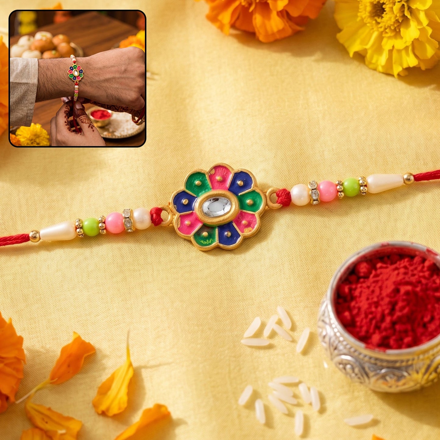 Multicolor flower rakhi with pastel beads and festive charm