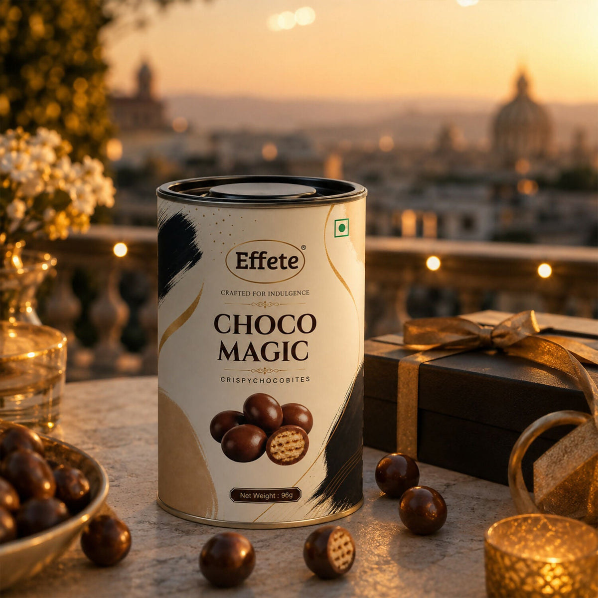 A Choco Magic tin is displayed on a table with chocolate bites and a gift box, against a sunset cityscape.